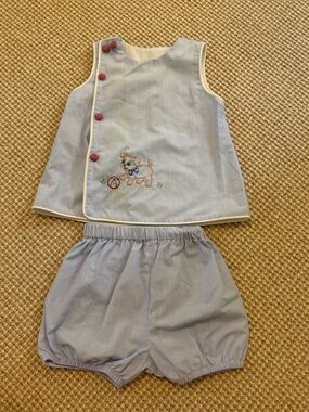 Light Blue Baby Two-Piece Outfit with Embroidered Puppy